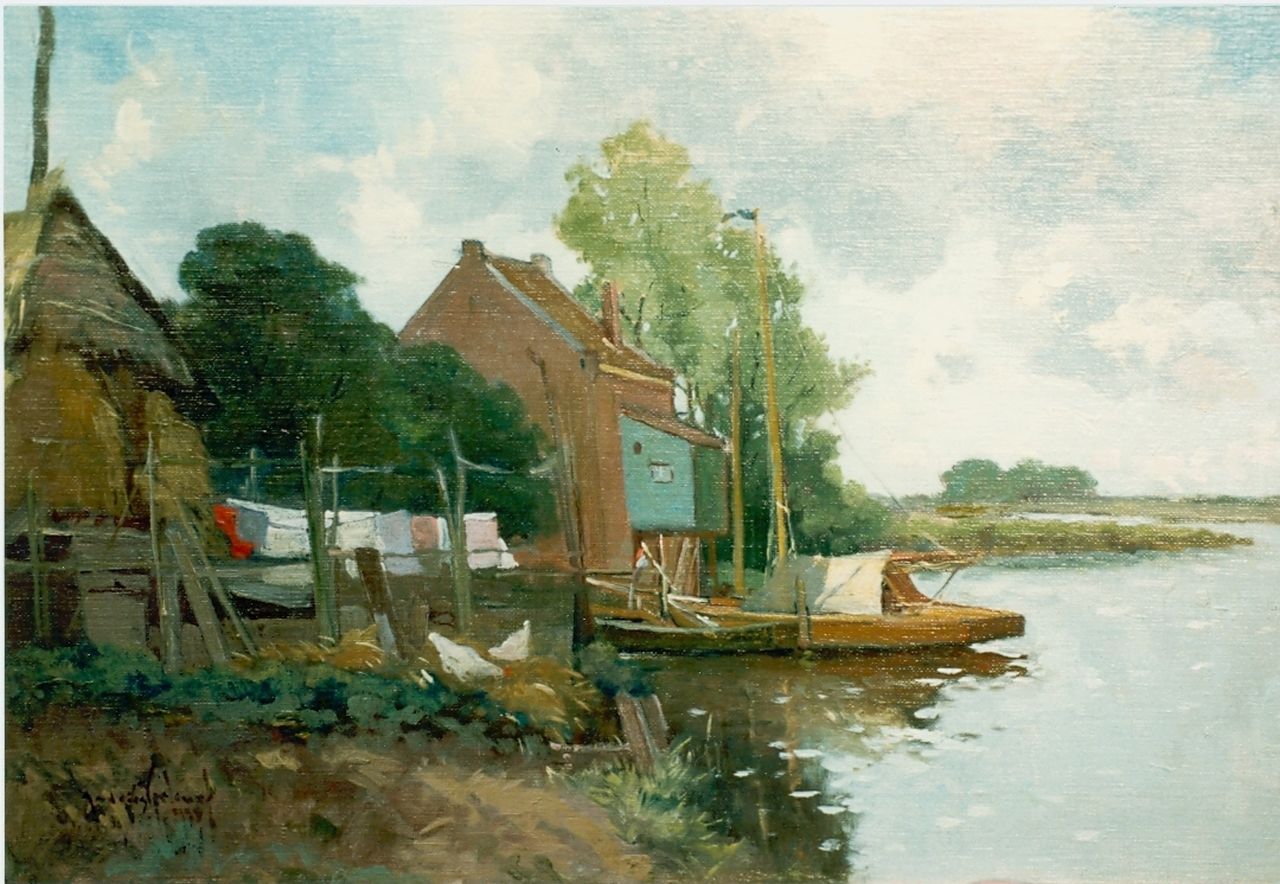Verleur A.  | Andries Verleur, Boerderij aan het water, olieverf op paneel 32,5 x 49,5 cm, gesigneerd linksonder