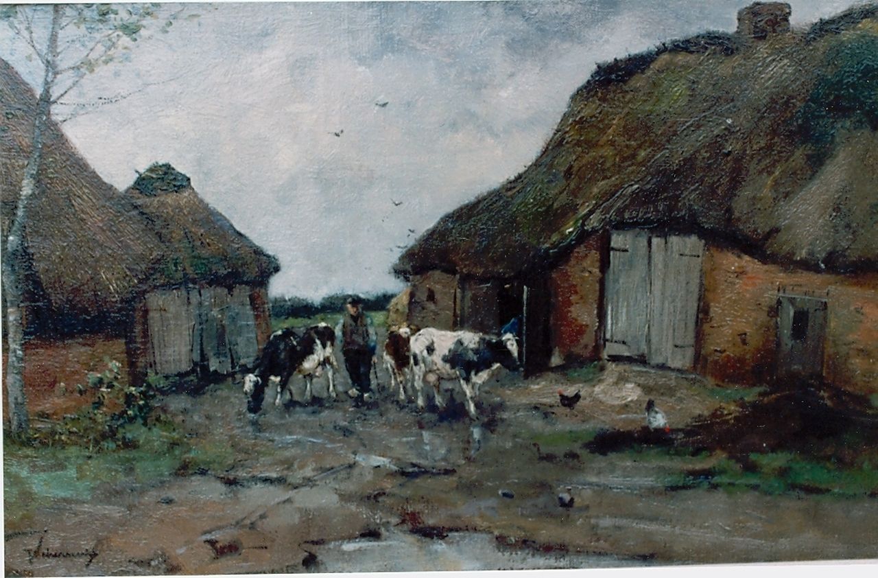 Scherrewitz J.F.C.  | Johan Frederik Cornelis Scherrewitz, Boer met koeien op boerenerf te Heeze, olieverf op doek 32,0 x 51,8 cm, gesigneerd linksonder