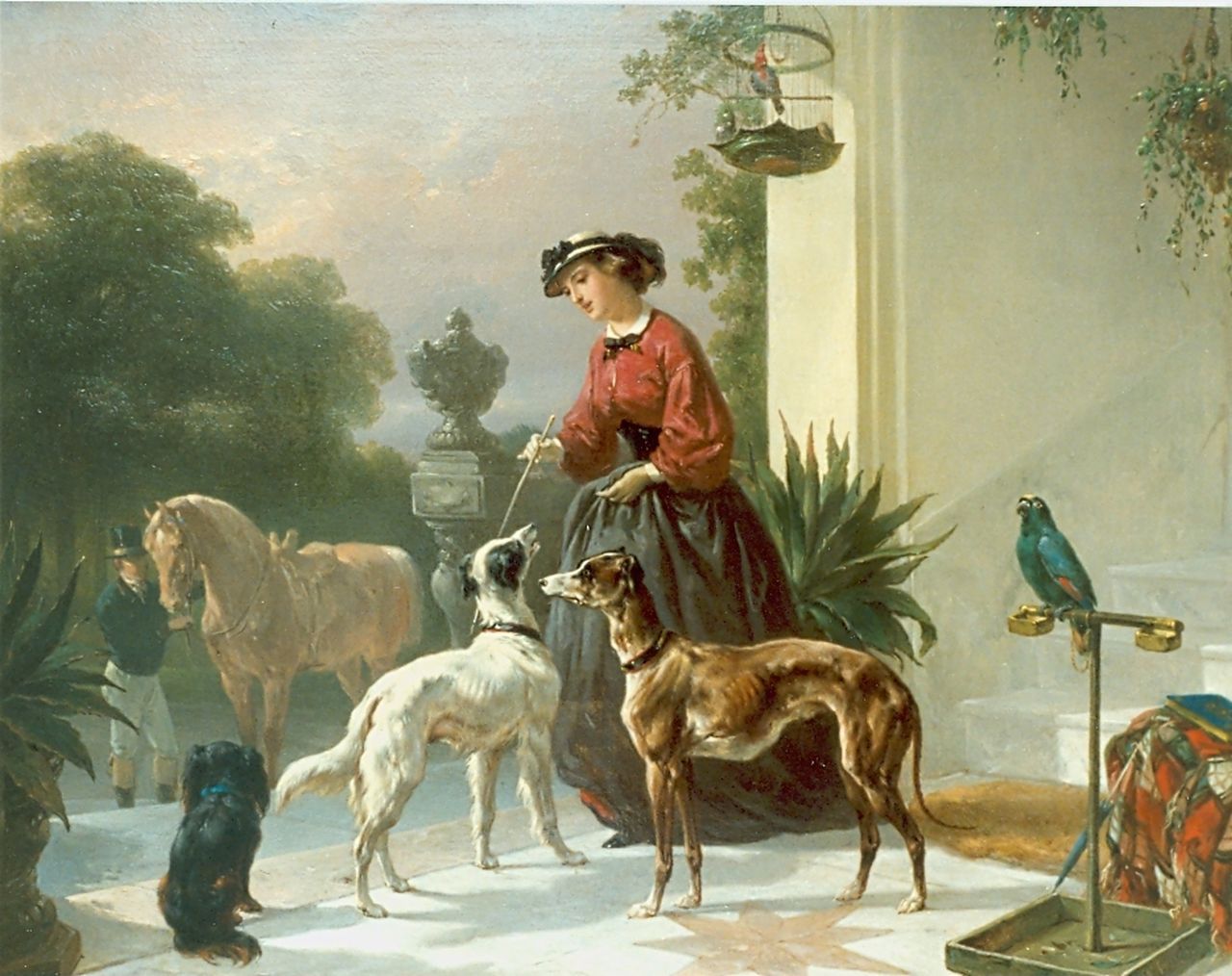 Verschuur W.  | Wouterus Verschuur, Amazone met haar honden en paard op terras, olieverf op paneel 34,0 x 44,2 cm, gesigneerd rechtsonder