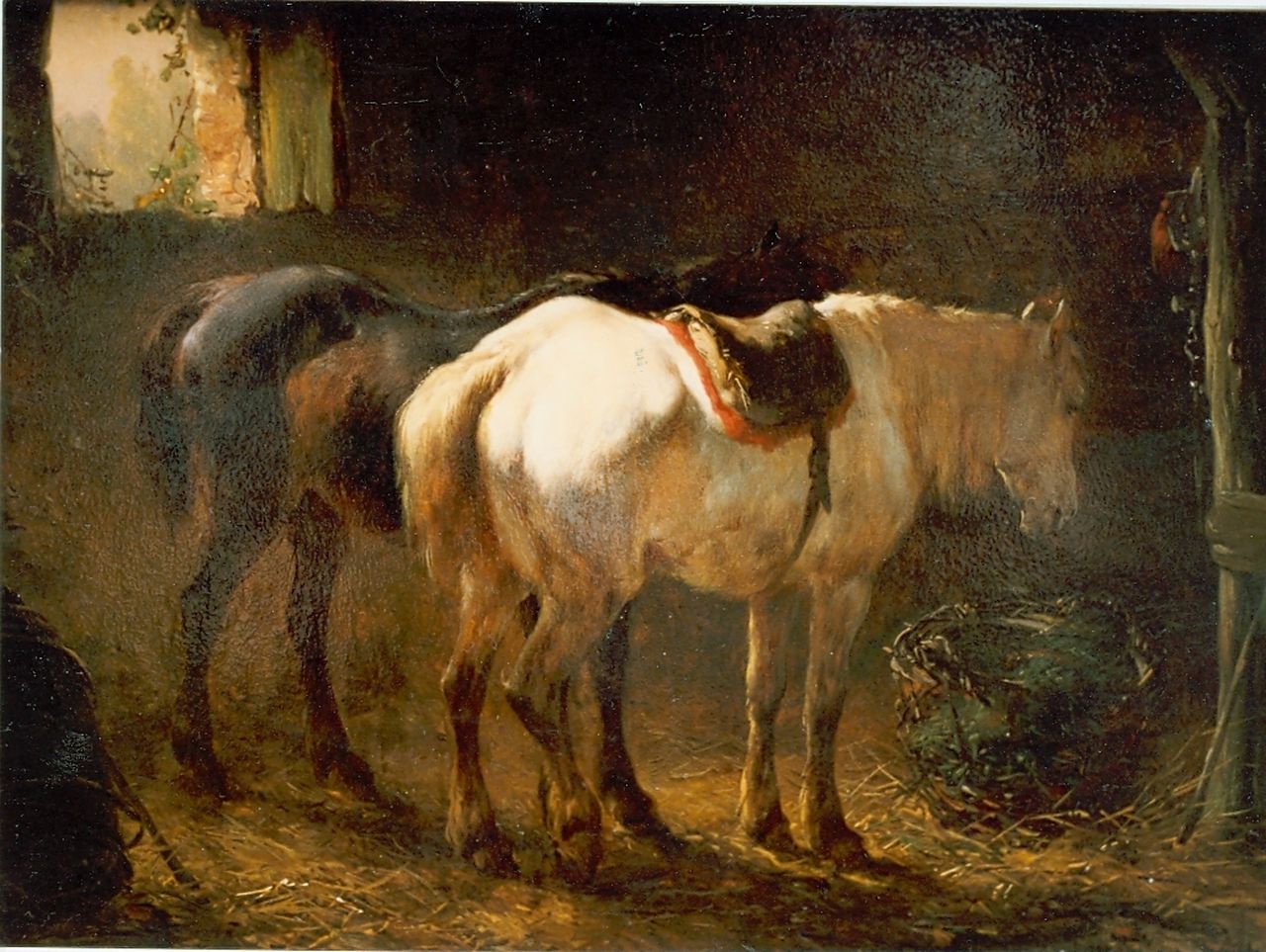 Verschuur W.  | Wouterus Verschuur, Stalinterieur met twee paarden, olieverf op doek op paneel 18,1 x 24,2 cm, gesigneerd rechtsonder