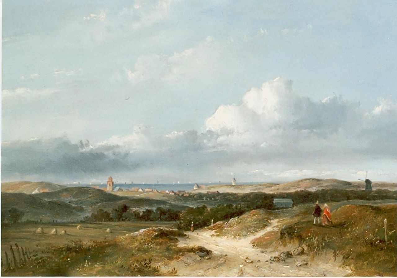 Hans J.G.  | Josephus Gerardus Hans, Panoramisch duinlandschap met zicht op Katwijk aan Zee, olieverf op paneel 26,0 x 34,7 cm, gesigneerd rechtsonder