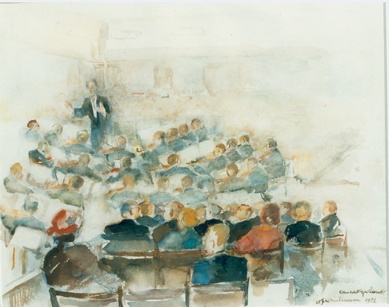 Schulman D.  | David Schulman, Concertgebouw, aquarel op papier 30,0 x 36,0 cm, gesigneerd rechtsonder en gedateerd 1952
