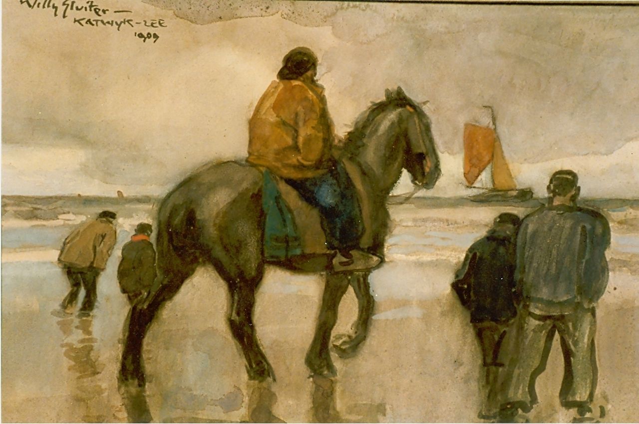 Sluiter J.W.  | Jan Willem 'Willy' Sluiter, Ruiter en wandelaars op het strand, aquarel op papier 35,0 x 55,0 cm, gesigneerd linksboven en Gedateerd 1909