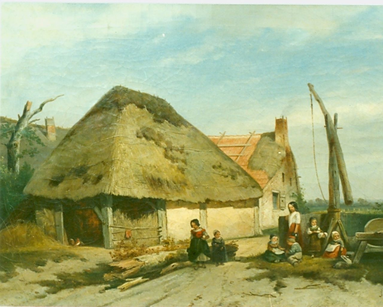 Smits J.G.  | Jan Gerard Smits, Spelende kinderen op boeren erf, olieverf op paneel 49,0 x 65,8 cm, gesigneerd rechtsonder