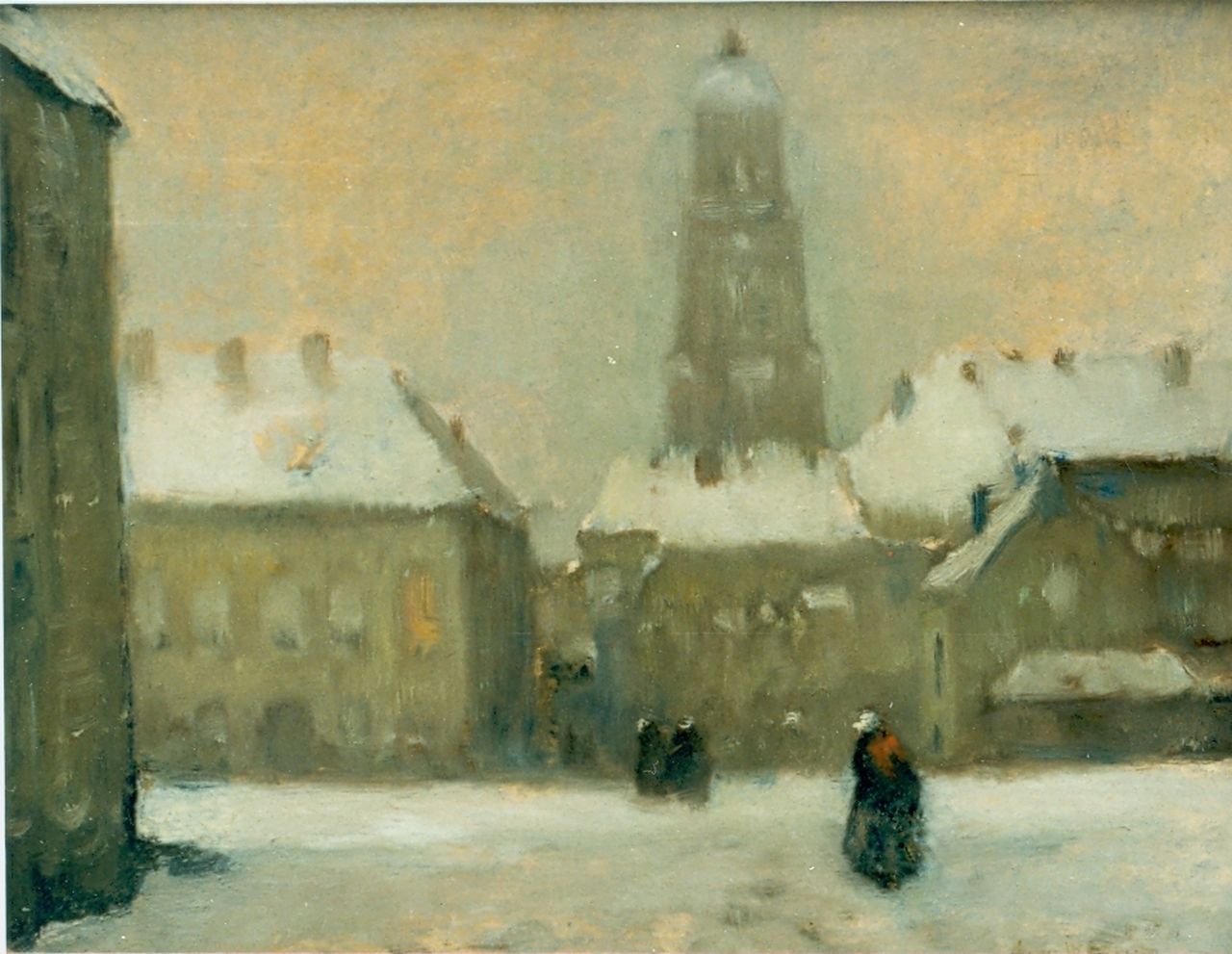 Soest L.W. van | 'Louis' Willem van Soest, Stadsplein in de winter, olieverf op board 29,0 x 36,0 cm, gesigneerd rechtsonder