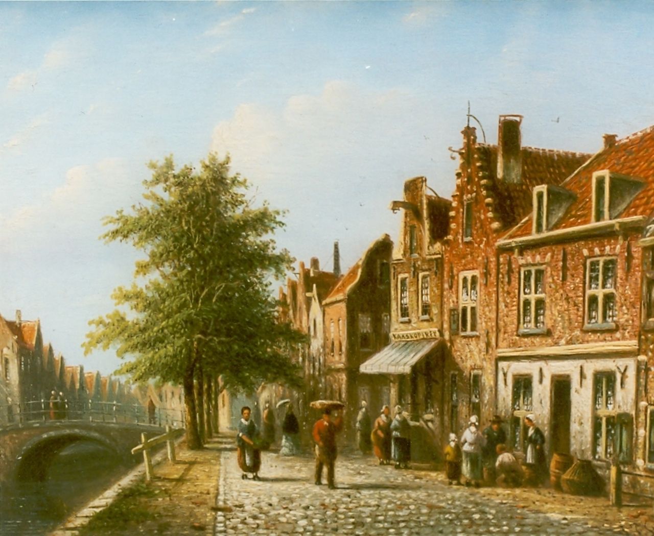 Spohler J.F.  | Johannes Franciscus Spohler, Haarlems stadsgezichtje met kaaskoperij, olieverf op paneel 15,5 x 20,5 cm, gesigneerd rechtsonder