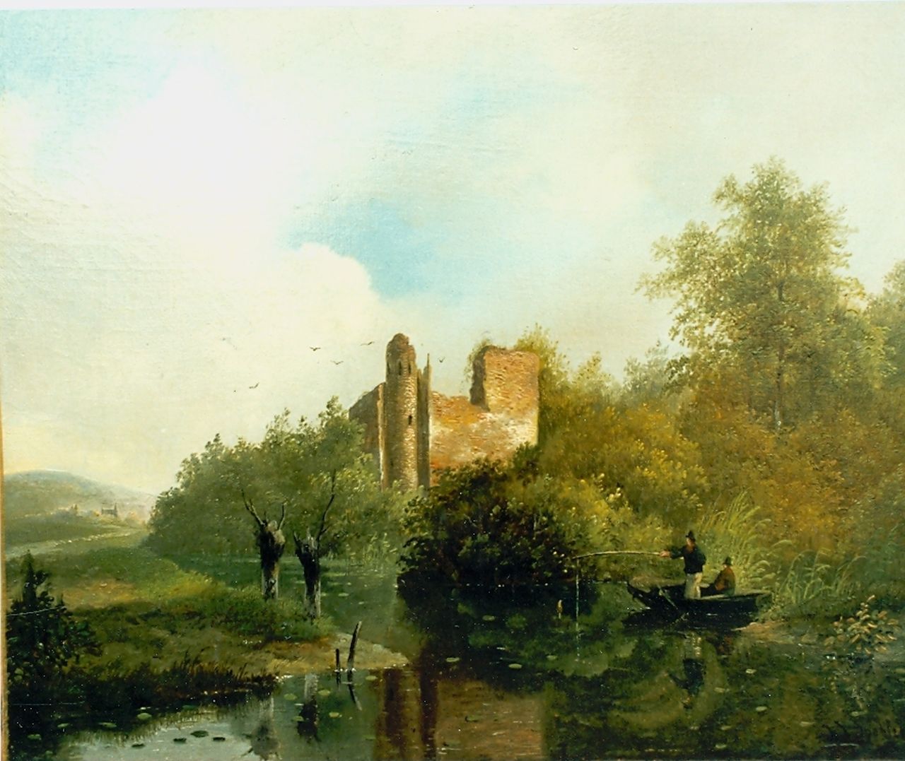 Spohler J.J.  | Jan Jacob Spohler, Hengelaars in een romantisch zomerlandschap, olieverf op doek 26,7 x 33,7 cm, gesigneerd rechtsonder en gedateerd 1835