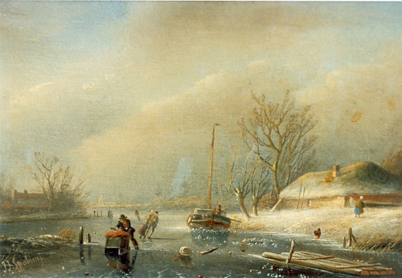 Spohler J.J.  | Jan Jacob Spohler, Schaatsers in Hollandse winter, olieverf op paneel 17,2 x 26,0 cm, gesigneerd linksonder