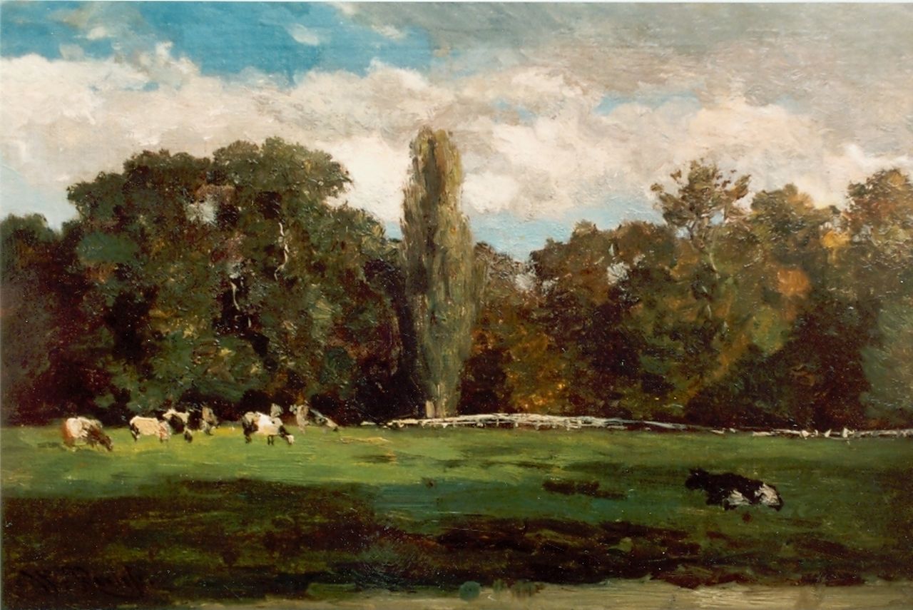 Roelofs W.  | Willem Roelofs, Weiland met koeien in Voorn, Utrecht, olieverf op doek op paneel 25,7 x 40,5 cm, gesigneerd linksonder