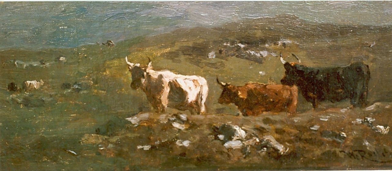 Roelofs W.  | Willem Roelofs, Koeien op de berghelling, olieverf op doek op paneel 12,0 x 26,3 cm, gesigneerd rechtsonder