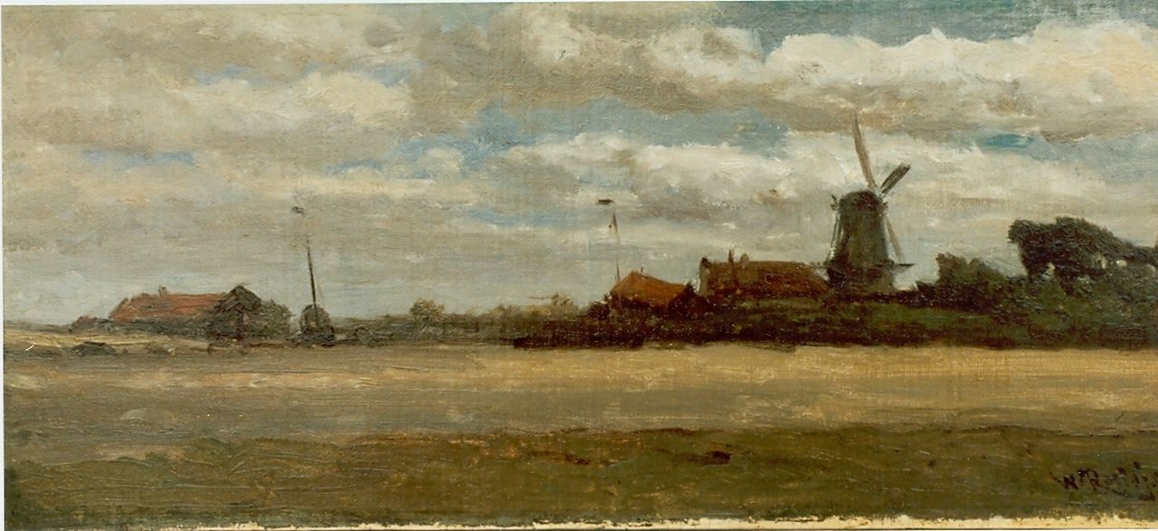 Roelofs W.  | Willem Roelofs, Dorpje aan een vaart, olieverf op doek op paneel 16,8 x 38,5 cm, gesigneerd rechtsonder