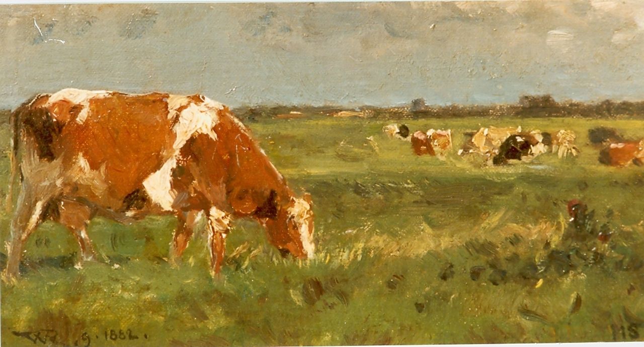Roelofs W.  | Willem Roelofs, Weidelandschap met koeien, olieverf op paneel 11,2 x 20,4 cm, gesigneerd rechtsonder en linksonder en gedateerd 1882