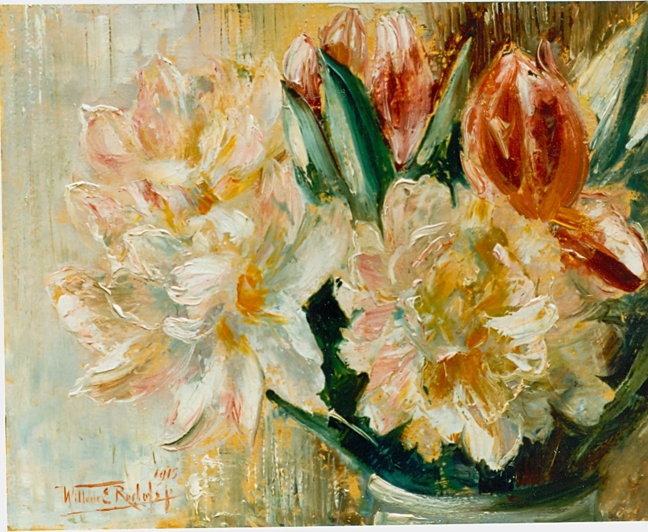 Roelofs jr. W.E.  | Willem Elisa Roelofs jr., Stilleven van tulpen, olieverf op papier 21,0 x 26,5 cm, gesigneerd linksonder en gedateerd 1915