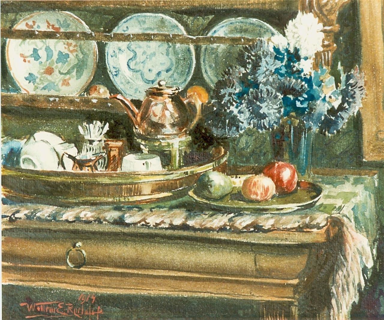 Roelofs jr. W.E.  | Willem Elisa Roelofs jr., Buffetkast met theeservies, aquarel op papier 20,0 x 26,0 cm, gesigneerd linksonder en gedateerd 1914