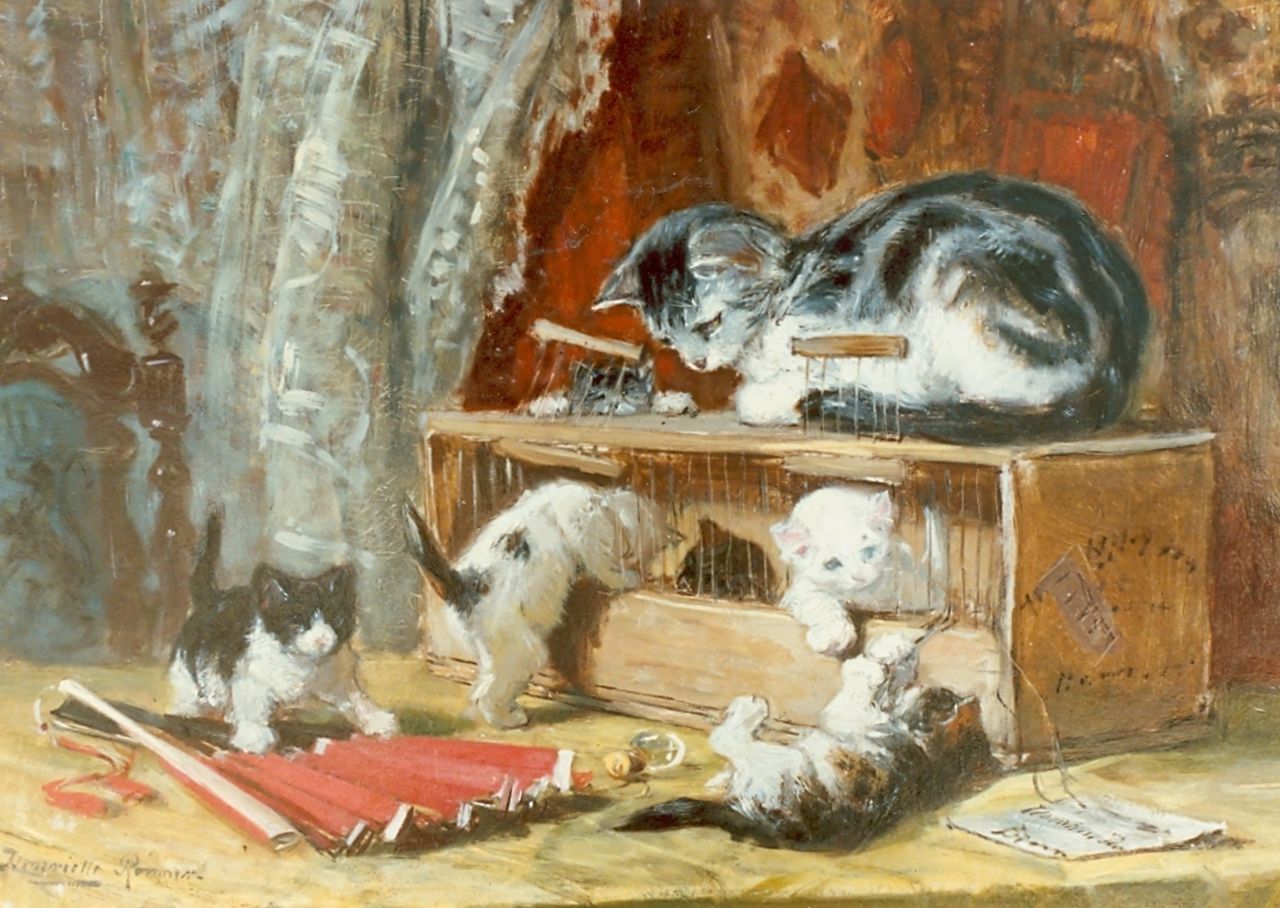 Ronner-Knip H.  | Henriette Ronner-Knip, Spelende katten, olieverf op doek op paneel 34,0 x 50,0 cm, gesigneerd linksonder