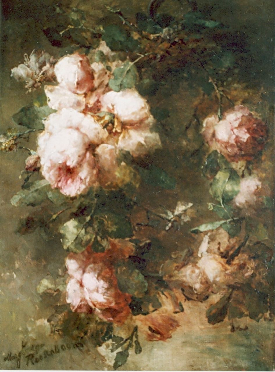 Roosenboom M.C.J.W.H.  | 'Margaretha' Cornelia Johanna Wilhelmina Henriëtta Roosenboom, Guirlande van roze rozen, olieverf op doek 68,0 x 48,5 cm, gesigneerd linksonder en gedateerd '90