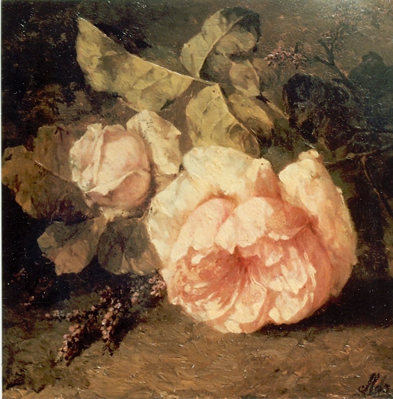 Roosenboom M.C.J.W.H.  | 'Margaretha' Cornelia Johanna Wilhelmina Henriëtta Roosenboom, Een takje roze rozen op de bosgrond, olieverf op paneel 22,0 x 30,0 cm, gesigneerd rechtsonder