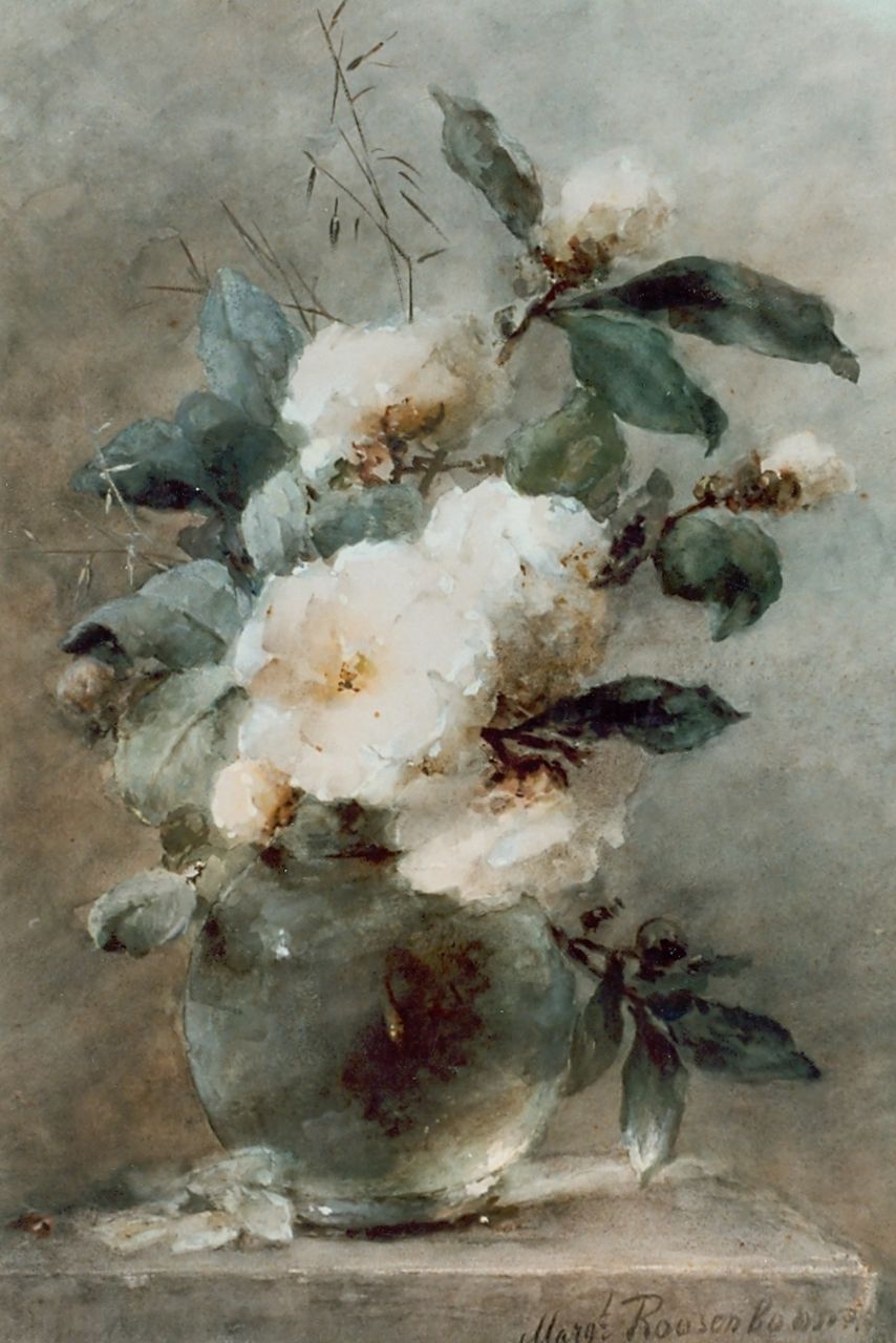Roosenboom M.C.J.W.H.  | 'Margaretha' Cornelia Johanna Wilhelmina Henriëtta Roosenboom, Witte rozen in een glazen vaas, gouache op karton 69,0 x 47,5 cm, gesigneerd rechtsonder
