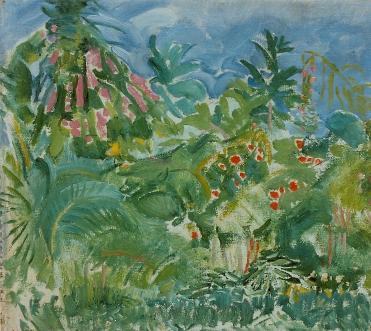 Gouwe A.H.  | Adriaan Herman Gouwe, Tuin op Tahiti, olieverf op doek op paneel 34,0 x 38,7 cm, gesigneerd linksonder