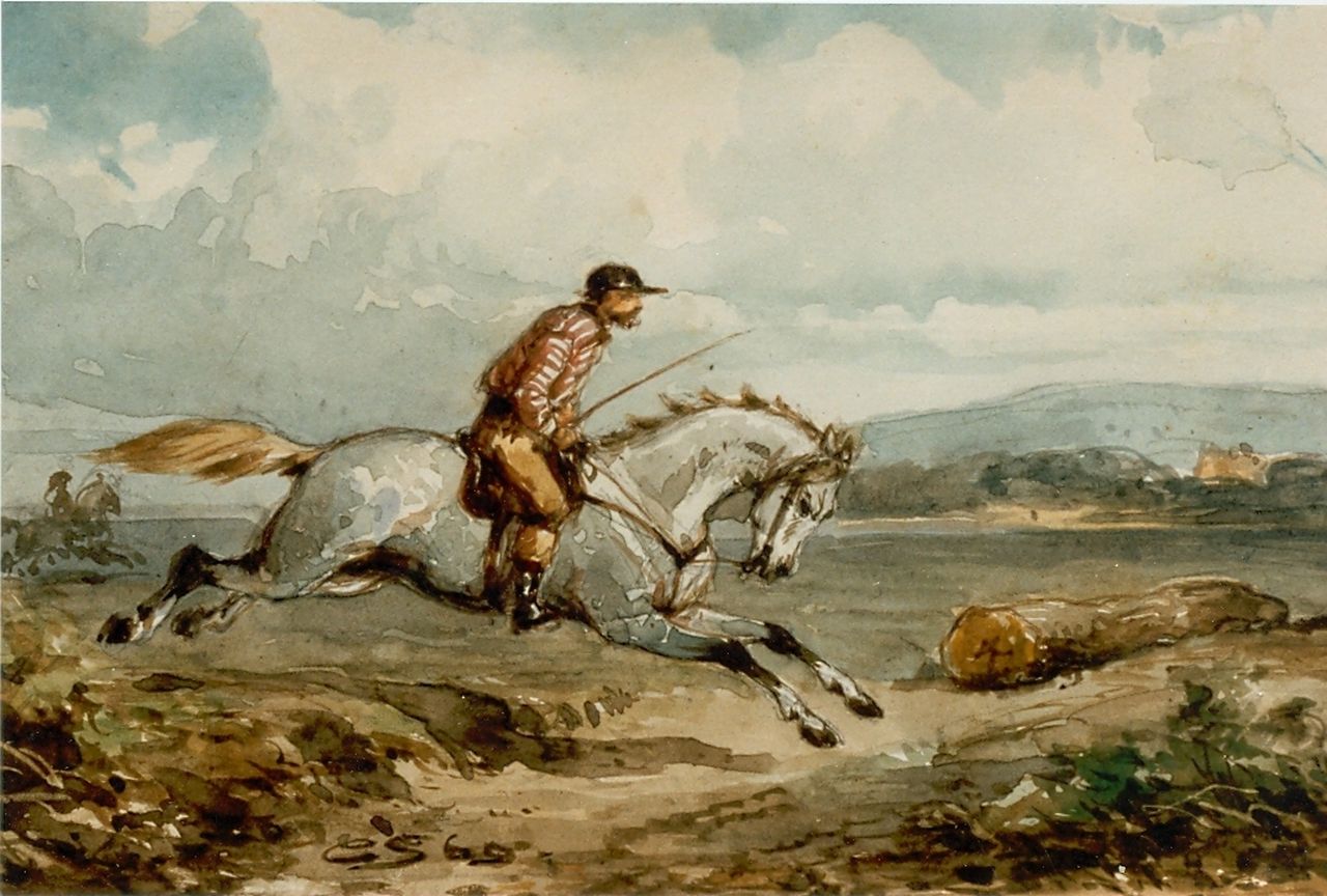 Springer C.  | Cornelis Springer, Ruiter te paard, aquarel op papier 13,1 x 19,0 cm, gesigneerd linksonder en gedateerd '60