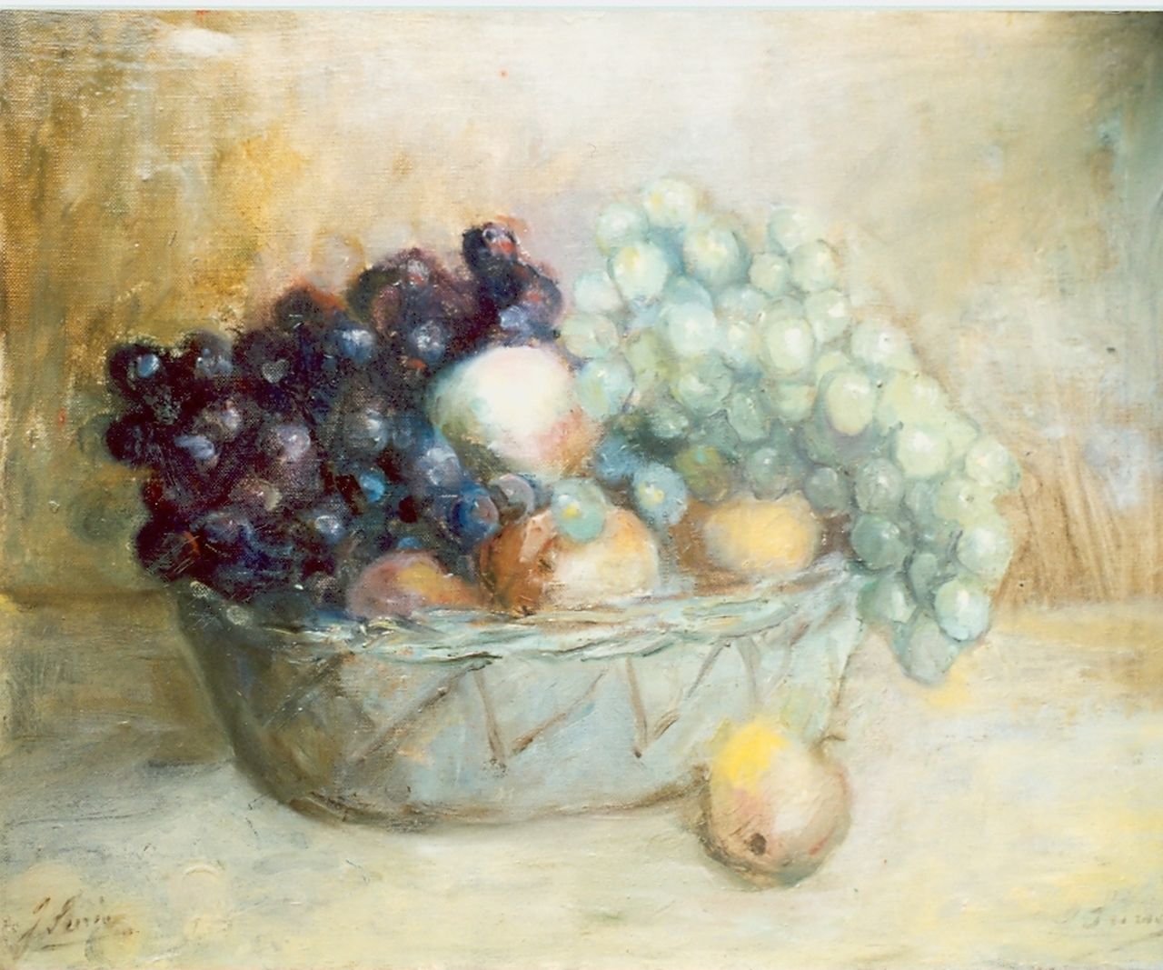 Surie J.  | Jacoba 'Coba' Surie, Mandje met perziken en druiven, olieverf op doek 40,0 x 50,0 cm, gesigneerd linksonder + rechtsonder