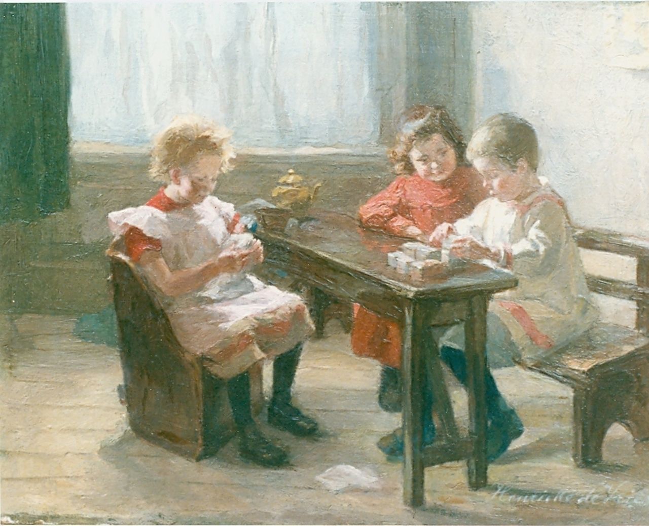 Vries S.C.H. de | Susanna Cornelia 'Henriëtte' de Vries, Spelende kinderen aan een tafel, olieverf op doek 25,5 x 32,7 cm, gesigneerd rechtsonder