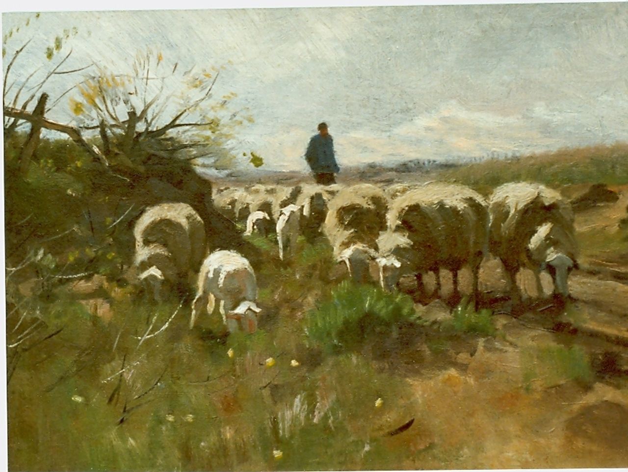 Weele H.J. van der | 'Herman' Johannes van der Weele, Herder en zijn kudde schapen op de heide, olieverf op doek op paneel 36,2 x 50,4 cm