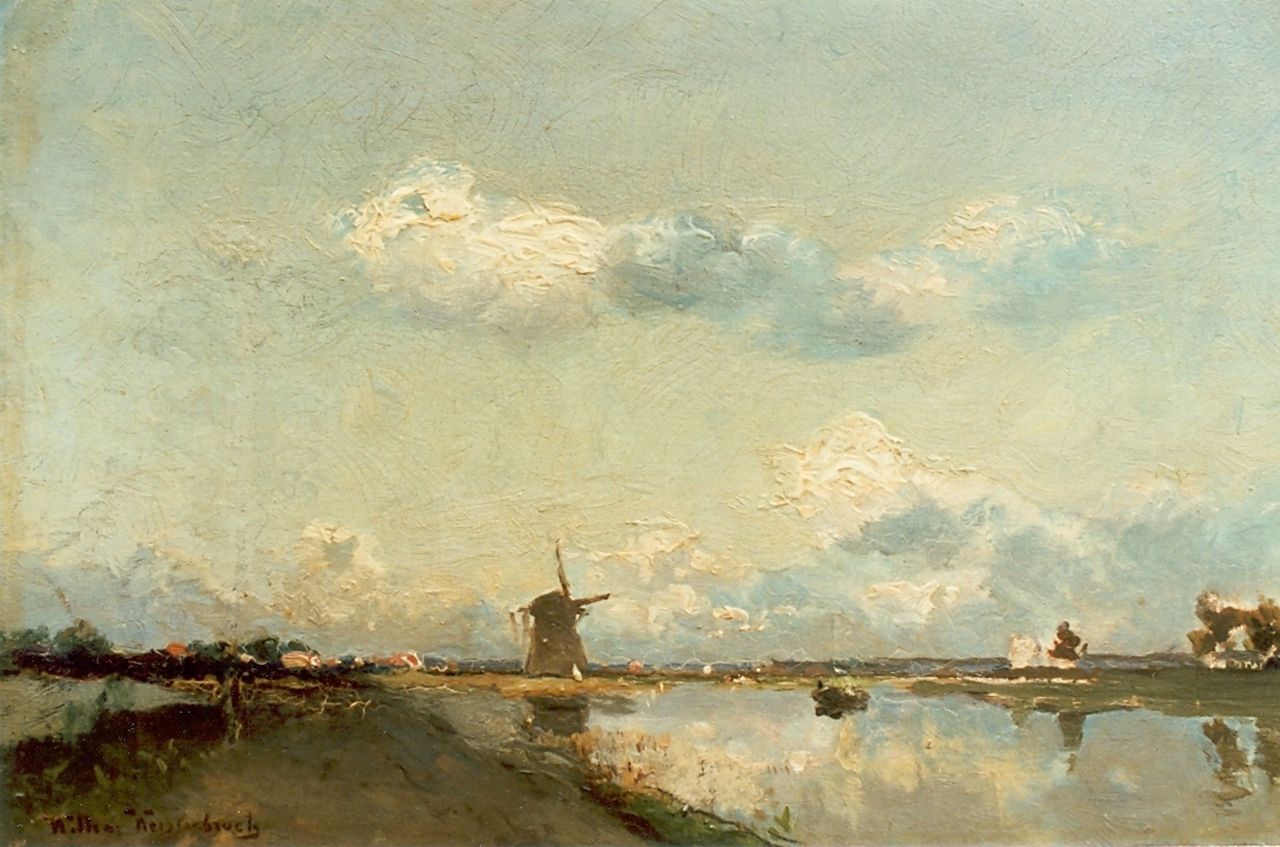 Weissenbruch W.J.  | 'Willem' Johannes Weissenbruch, Polderlandschap met molen op een zonnige dag, olieverf op paneel 21,7 x 33,4 cm, gesigneerd linksonder