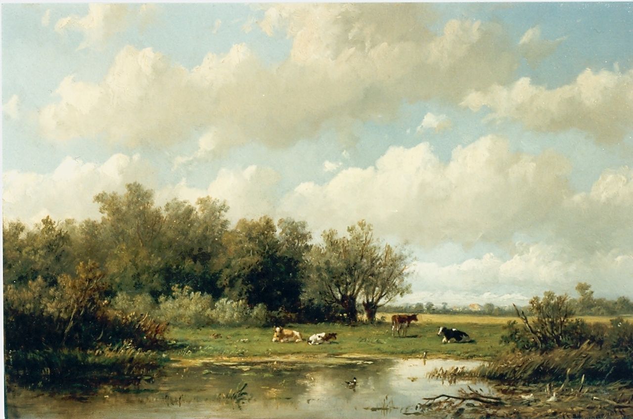 Wijngaerdt A.J. van | Anthonie Jacobus van Wijngaerdt, Koeien in een Hollands landschap, olieverf op paneel 23,0 x 35,5 cm, gesigneerd rechtsonder