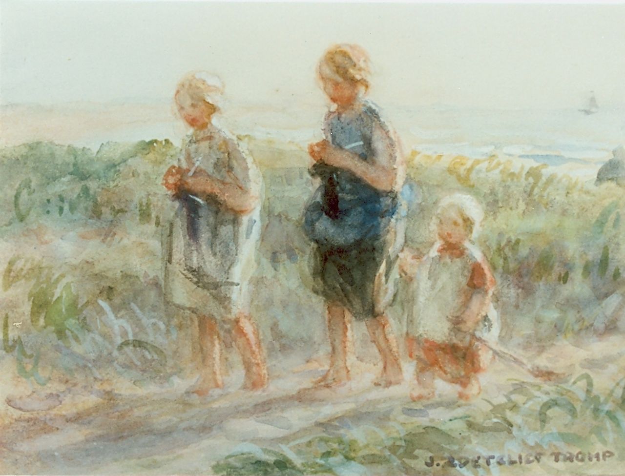 Zoetelief Tromp J.  | Johannes 'Jan' Zoetelief Tromp, Wandelende meisjes in de duinen, aquarel op papier 16,0 x 21,5 cm, gesigneerd rechtsonder