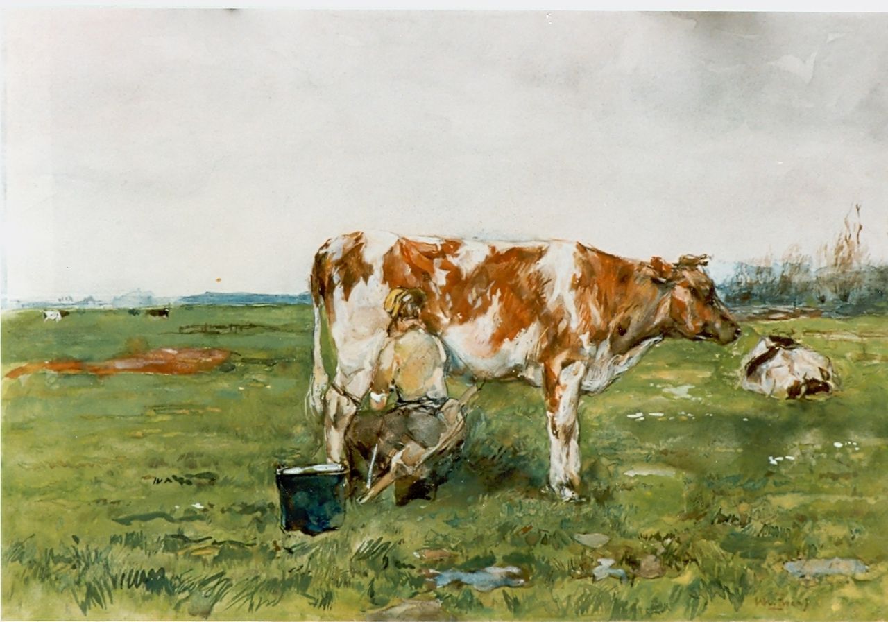 Zwart W.H.P.J. de | Wilhelmus Hendrikus Petrus Johannes 'Willem' de Zwart, Koeien melken, aquarel op papier 45,5 x 68,0 cm, gesigneerd rechtsonder