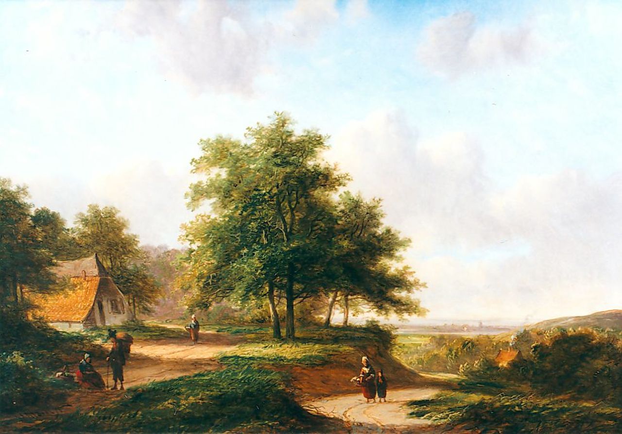 Morel II J.E.  | Jan Evert Morel II, Panoramisch landschap met reizigers op zandpad, olieverf op paneel 22,8 x 32,0 cm, gesigneerd linksonder