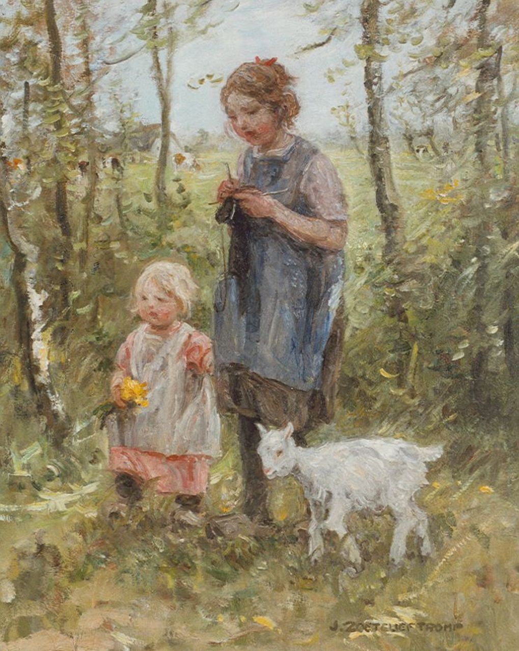 Zoetelief Tromp J.  | Johannes 'Jan' Zoetelief Tromp, Huiswaarts, twee kinderen met geitje, olieverf op doek 59,7 x 50,0 cm