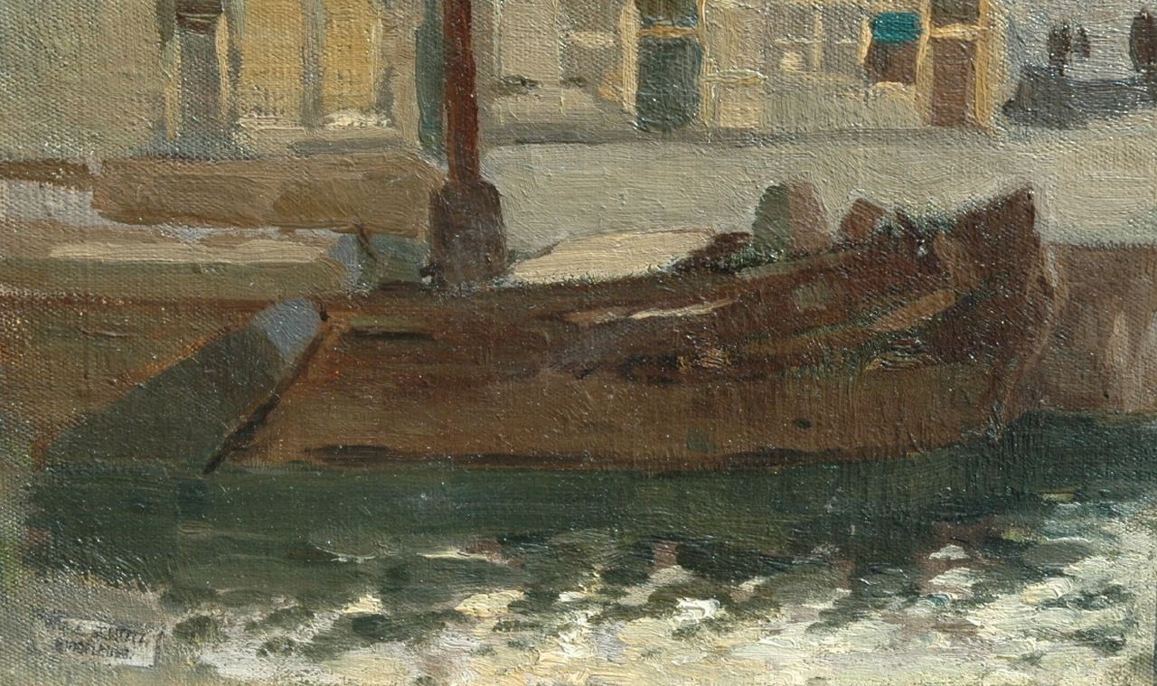 Schütz W.J.  | Willem Johannes Schütz, Boot aan de kade, olieverf op doek op paneel 16,5 x 26,5 cm, gesigneerd voorzien van atelierstempel