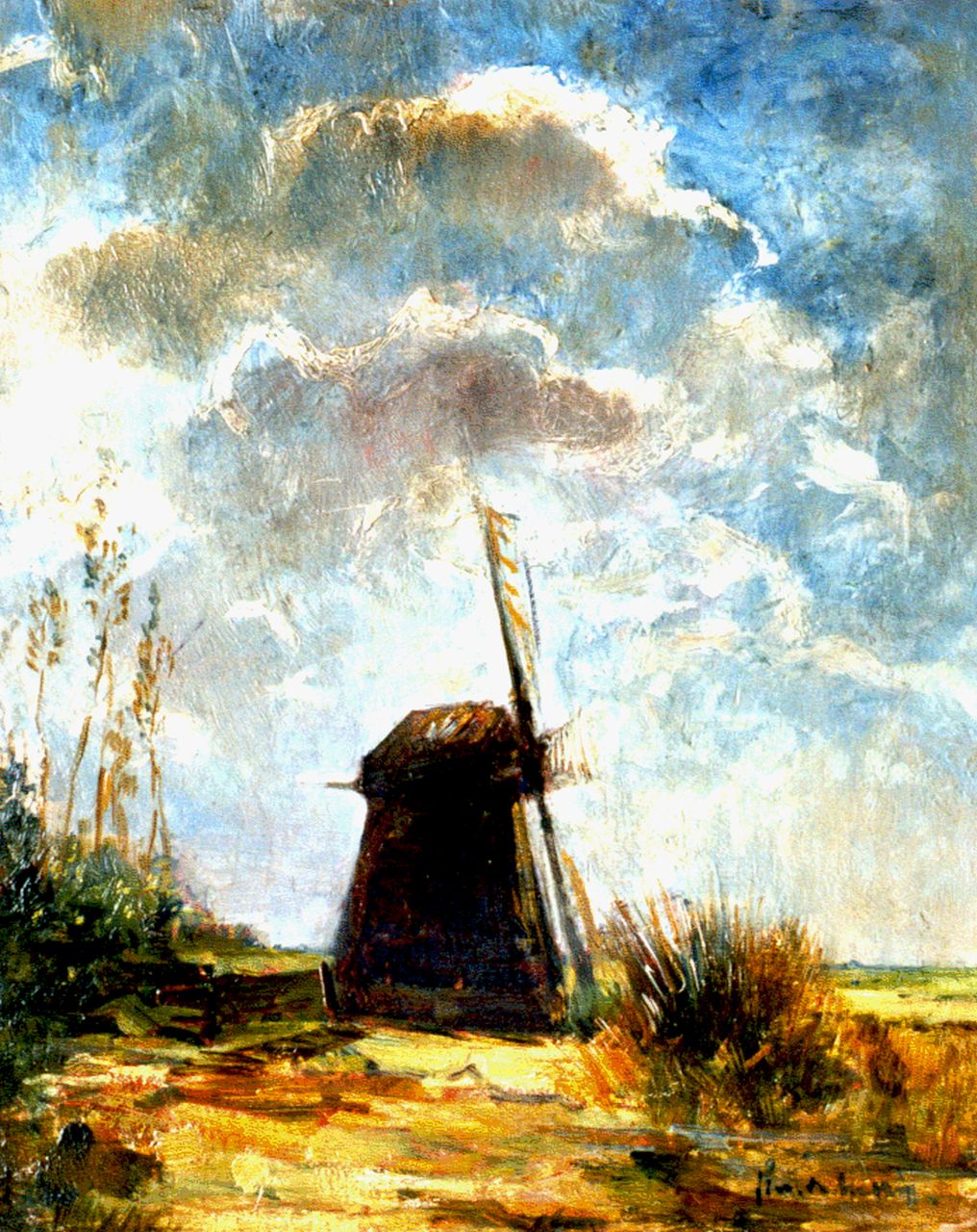 Maris S.W.  | Simon Willem Maris, Molen in een polderlandschap, olieverf op paneel 39,9 x 31,6 cm, gesigneerd rechtsonder
