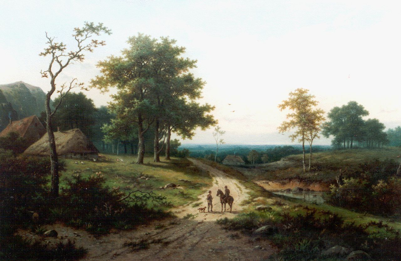 Koekkoek P.H.  | Pieter Hendrik 'H.P.' Koekkoek, Heuvellandschap met paard en ruiter op landweg, olieverf op doek 60,8 x 91,6 cm, gesigneerd linksonder