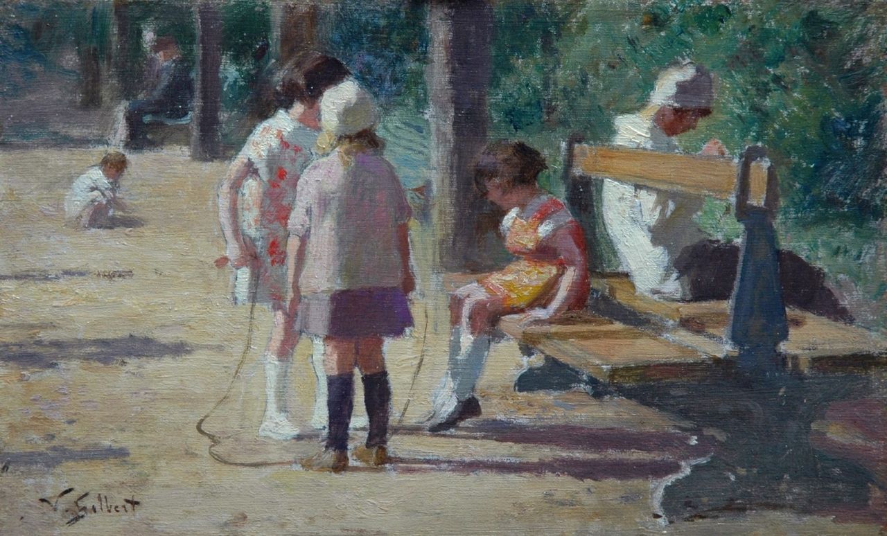 Gilbert V.G.  | Victor Gabriel Gilbert, Spelende kinderen bij een parkbankje, olieverf op paneel 13,6 x 22,0 cm, gesigneerd linksonder