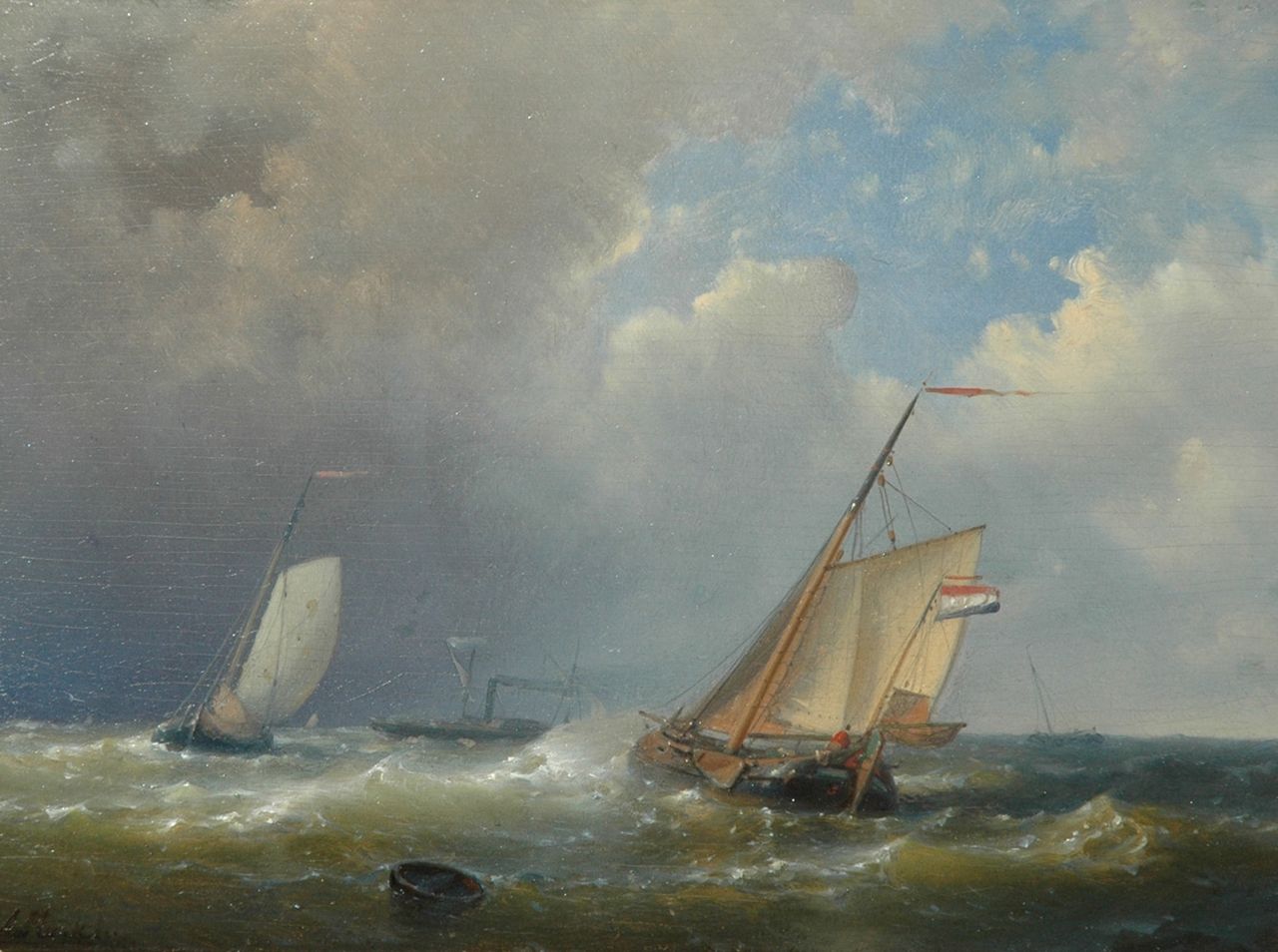 Hulk A.  | Abraham Hulk, Laverende zeilschepen op ruwe zee, olieverf op paneel 18,0 x 24,6 cm, gesigneerd linksonder