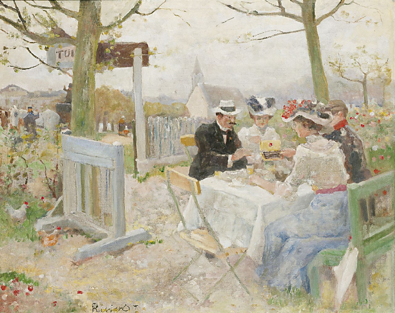 Rivière A.P. de la | Adrianus Philippus 'Adriaan' de la Rivière, Het zondagse uitje, olieverf op doek 48,0 x 60,2 cm, gesigneerd linksonder