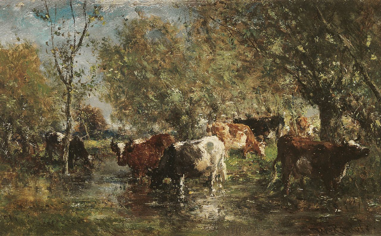 Roelofs W.  | Willem Roelofs, Drinkende koeien, olieverf op paneel 17,2 x 27,1 cm, gesigneerd rechtsonder