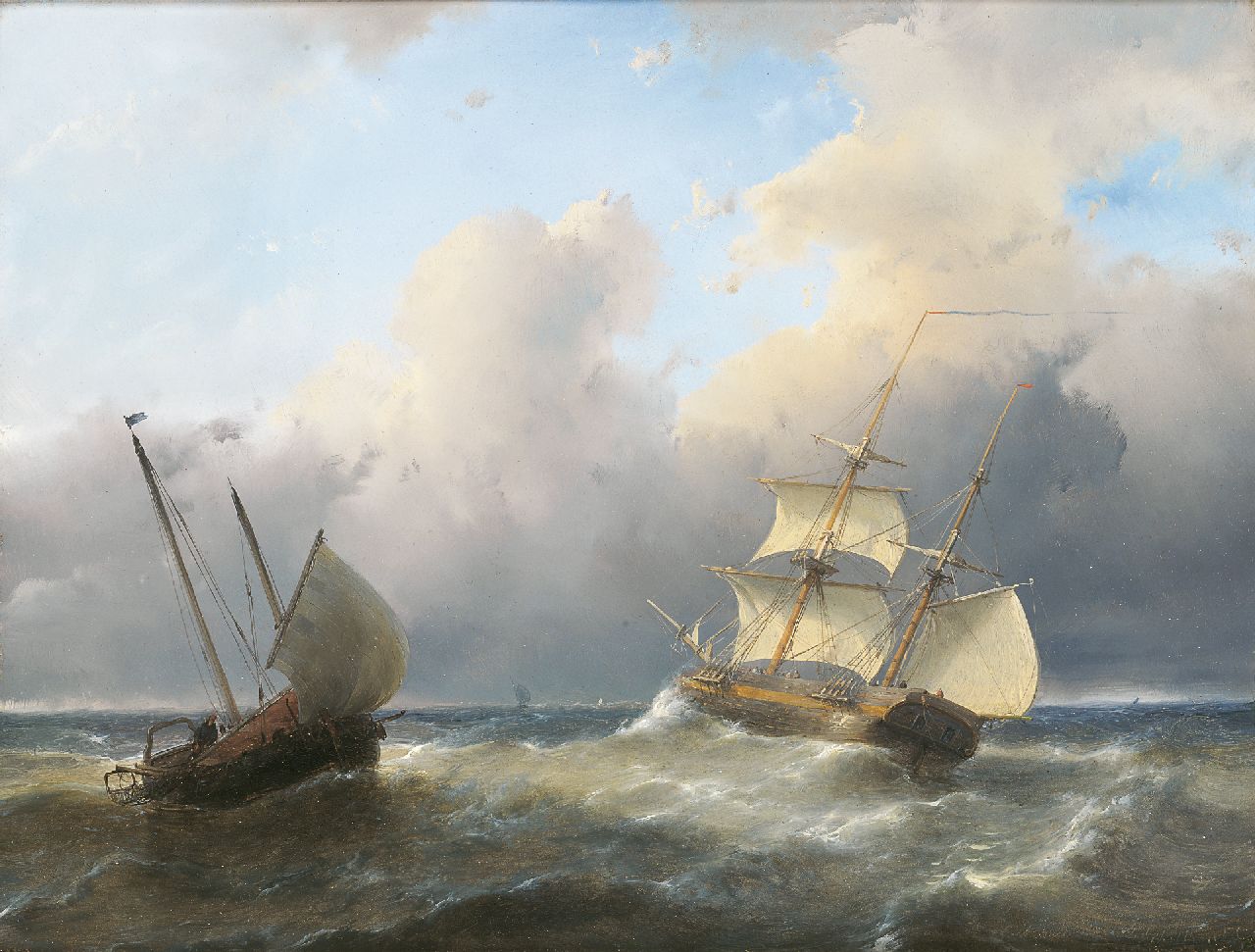 Schelfhout A.  | Andreas Schelfhout, Brik en visserspink op woelige zee, olieverf op paneel 27,0 x 35,5 cm, gesigneerd rechtsonder