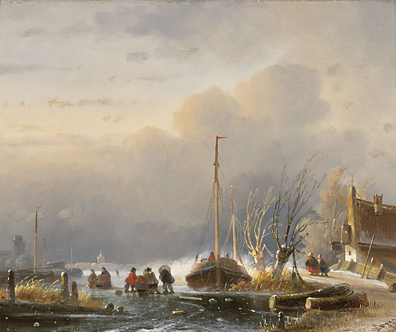 Hoen C.P. 't | Cornelis Petrus 't Hoen, Duwsledes op het ijs bij ingevroren schip, olieverf op paneel 18,5 x 23,3 cm, gesigneerd rechtsonder en '67 of '69