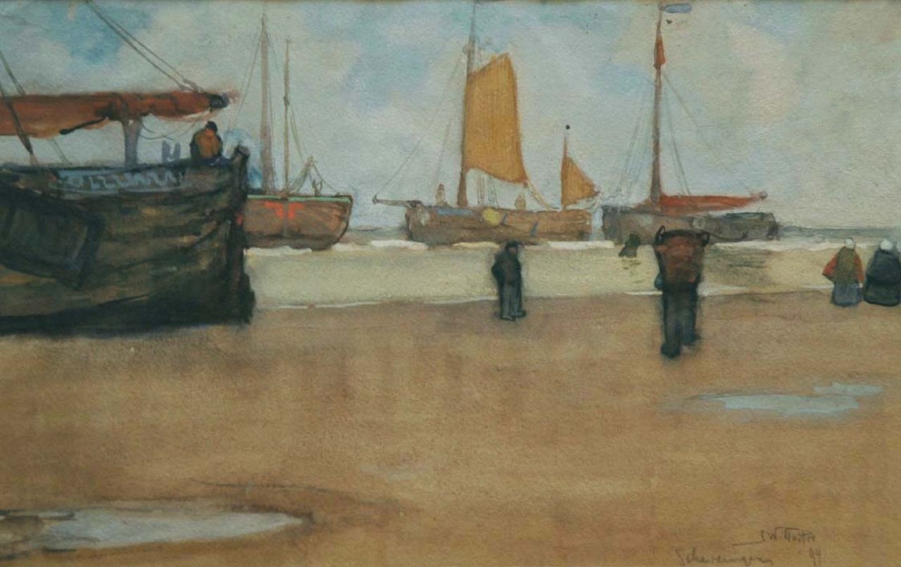 Sluiter J.W.  | Jan Willem 'Willy' Sluiter, Scheveningse vissersboten voor de kust, aquarel op papier 26,0 x 41,5 cm, gesigneerd rechtsonder en gedateerd 'Scheveningen '94'