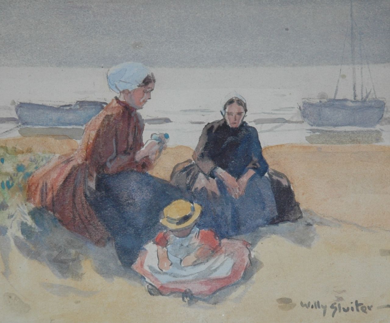 Sluiter J.W.  | Jan Willem 'Willy' Sluiter, Vissersvrouwen met kindje in de duinen, aquarel op papier 11,0 x 13,5 cm, gesigneerd rechtsonder