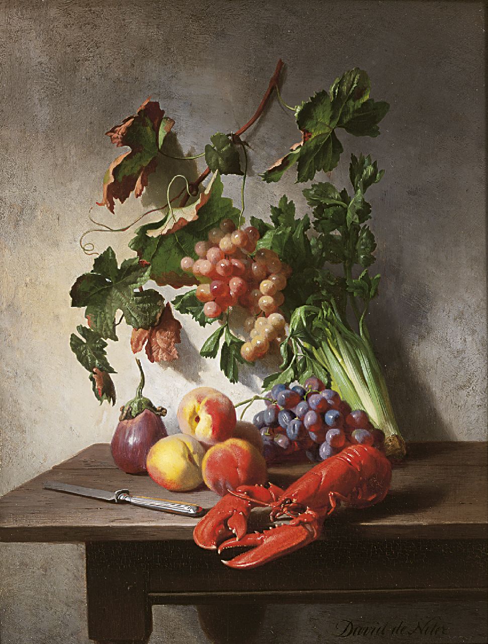 Noter D.E.J. de | 'David' Emile Joseph de Noter, Stilleven met groente, fruit, kreeft en een mes, olieverf op paneel 37,0 x 28,3 cm, gesigneerd rechtsonder
