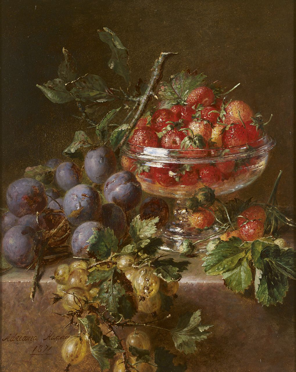 Haanen A.J.  | Adriana Johanna Haanen, Fruitstilleven met pruimen, kruisbessen en aardbeien in glazen schaal, olieverf op paneel 38,3 x 30,3 cm, gesigneerd linksonder en gedateerd 1871