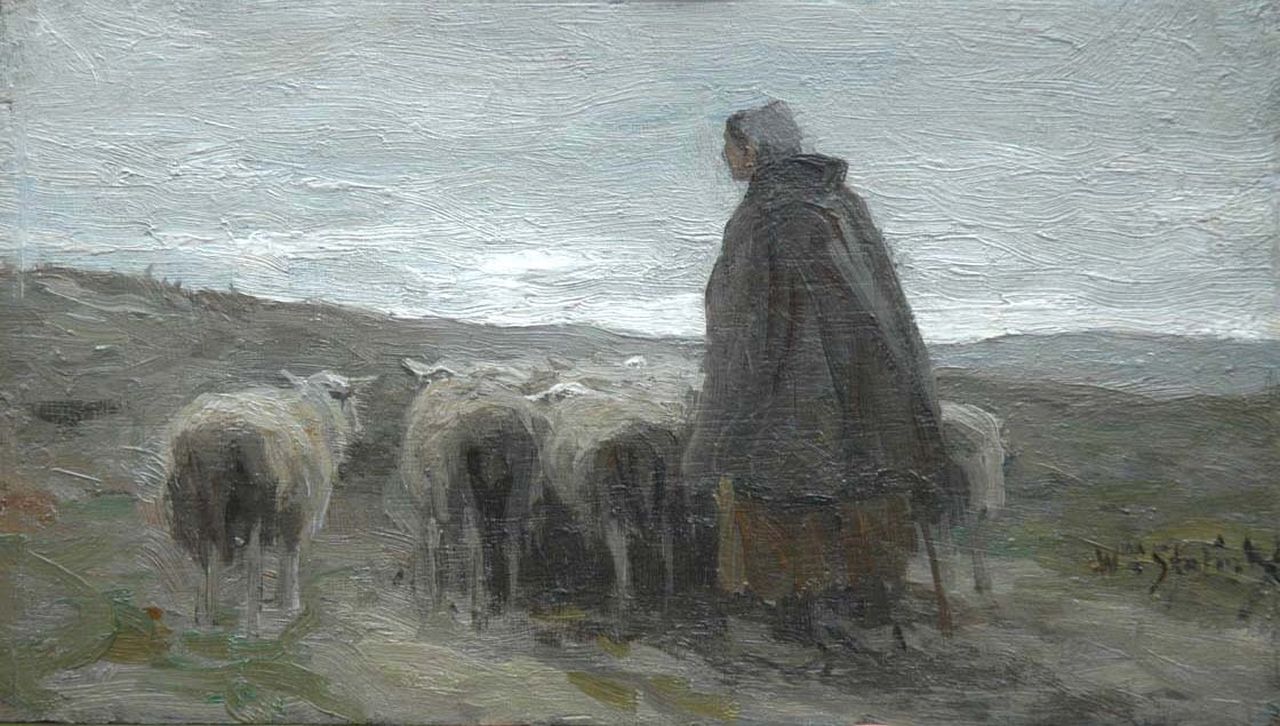 Steelink jr. W.  | Willem Steelink jr., Schaapskudde met herderin (alleen tezamen met 10142), olieverf op paneel 13,1 x 22,9 cm, gesigneerd rechtsonder