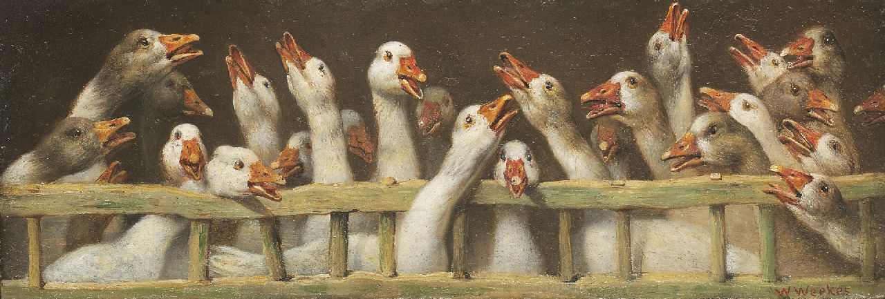 Weekes H.W.  | Herbert 'William' Weekes, Kwetterende ganzen, olieverf op schildersboard 12,8 x 38,1 cm, gesigneerd rechtsonder