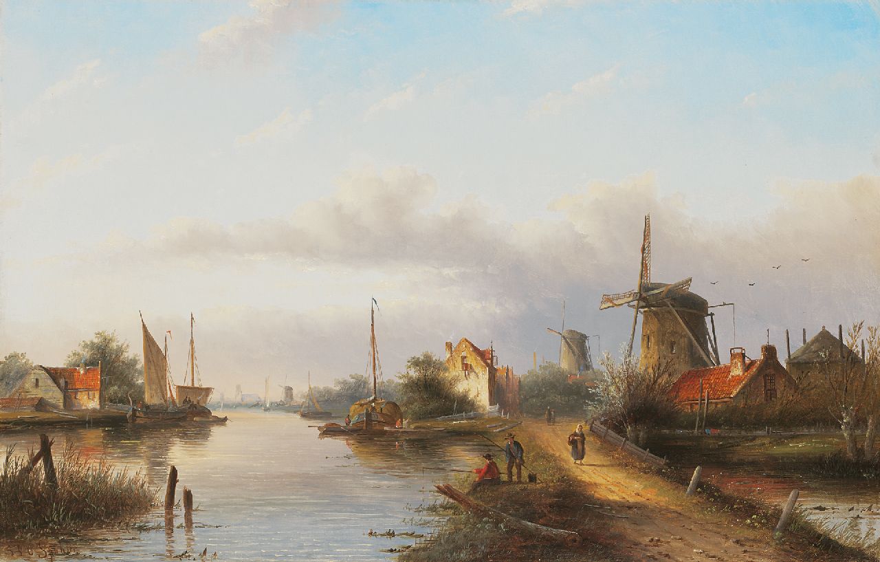 Spohler J.J.C.  | Jacob Jan Coenraad Spohler, Hollands riviergezicht met molens en twee hengelaars, olieverf op doek 43,1 x 67,2 cm, gesigneerd linksonder