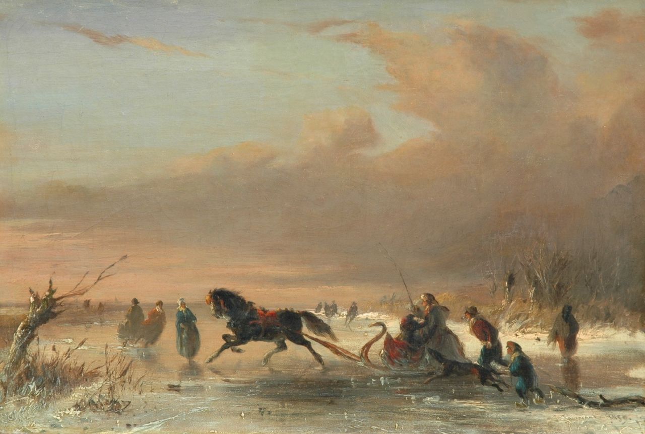 Tavenraat J.  | Johannes Tavenraat, IJsvertier bij zonsondergang, olieverf op doek 31,3 x 46,2 cm, gesigneerd rechtsonder en gedateerd 1859